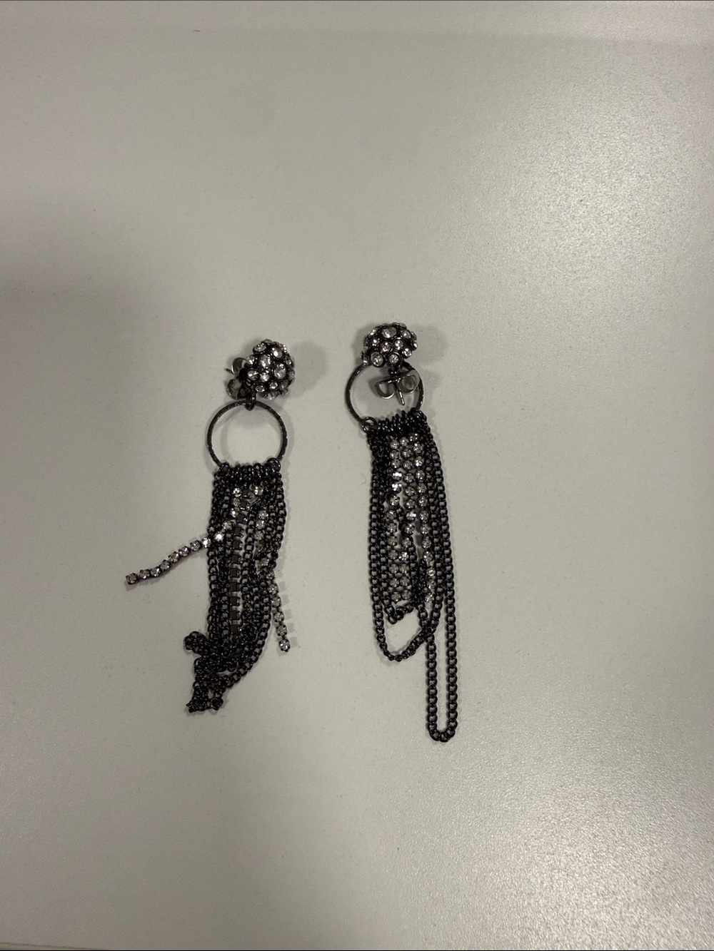 Lia Sophia Gunmetal Chain Tassel Earrings with Clear Crystal Studs